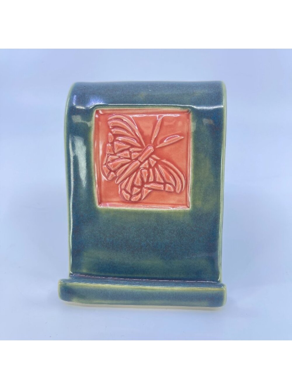 vintage ceramic phone holder stand with butterfly decoration green & coral glaze